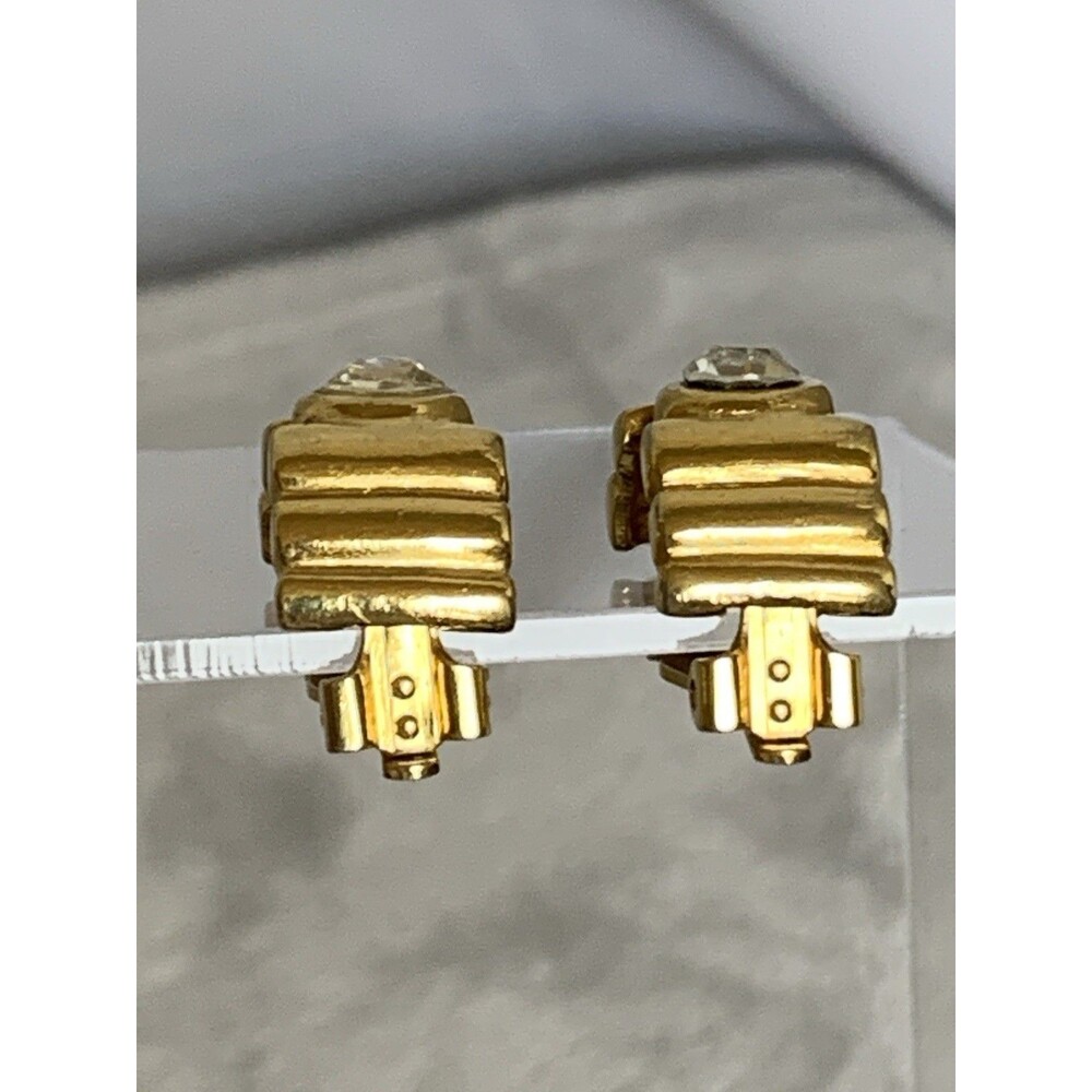 Vintage Carlisle Gold Tone Rhinestone Clip-On Earrings Retro Designer - Picture 6 of 7